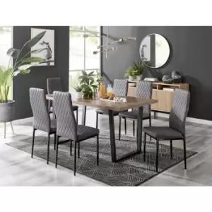 Furniturebox UK - Furniturebox Kylo Brown Wood Effect Dining Table & 6 Grey Milan Velvet Dining Chairs With Black Legs Diamond Stitch Modern