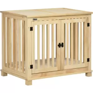 Wooden Dog Crate End Table w/ Soft Washable Cushion, for Medium Dogs - Natural wood finish - Pawhut