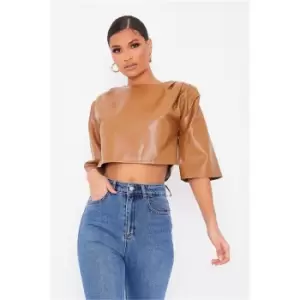 I Saw It First Stone Faux Leather Shoulder Pad Cropped Blouse - Brown