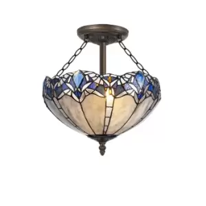 3 Light Semi Flush Ceiling E27 With 40cm Tiffany Shade, Blue, Clear Crystal, Aged Antique Brass