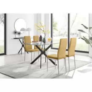 Furniturebox Leonardo 4 Black Leg Glass Dining Table and 4 Mustard Milan Velvet Dining Chairs Diamond Stitch Modern Contemporary Chrome Metal