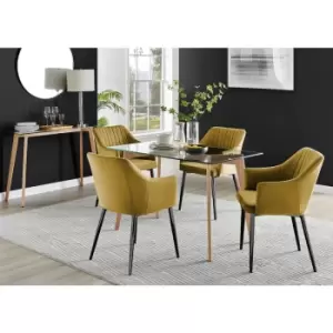 Furniturebox Malmo Rectangular Glass and Wooden Leg Modern Industrial Dining Table & 4 Mustard Calla Black Leg Velvet Chairs