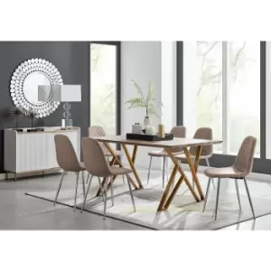 Taranto Oak Effect Dining Table and 6 Cappuccino Corona Faux Leather Dining Chairs with Silver Legs Diamond Stitch - Cappuccino