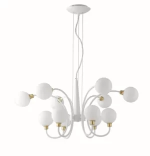 Aida 12 Light Multi Arm Globe Ceiling Pendant, White, Gold, G9