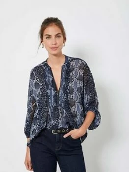 Mint Velvet Venus Snake Print Zip Boho Blouse - Blue, Size 12, Women