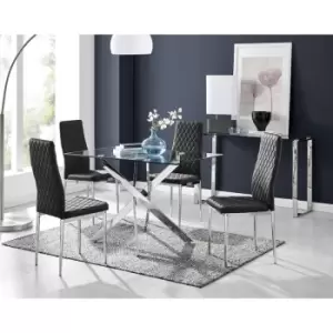 Furniturebox UK - Furniturebox Leonardo 4 Chrome Leg Glass Dining Table and 4 Black Milan Velvet Dining Chairs Diamond Stitch Modern Contemporary