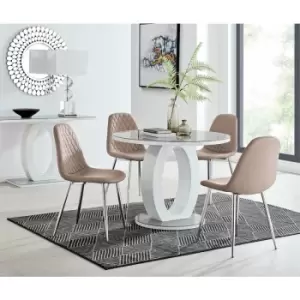 Furniturebox UK - Furniturebox Giovani White High Gloss And Grey Glass 100cm Round Dining Table And 4 Cappuccino Grey Corona Faux Leather Dining