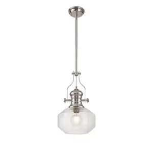 Worcester Single Ceiling Pendant, E27, Round Champfered Glass, Polished Nickel, Clear