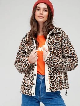 Levis Leopard Print Sherpa Jacket - Brown, Size L, Women