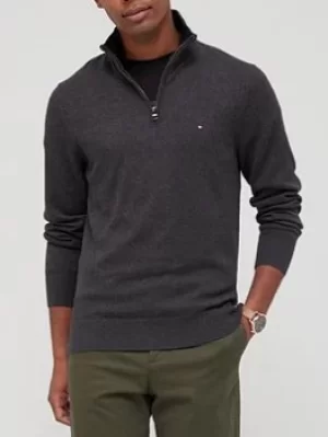 Tommy Hilfiger Pima Cotton Cashmere Quarter Zip Knitted Jumper, Dark Grey Heather, Size 2XL, Men