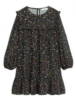 Mango Girls Frill Neck Floral Long Sleeve Dress - Black, Size 7 Years, Women