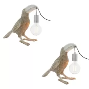 2 PACK Vintage Silver Toucan Table Light - Resin Figure - Chrome Lamp Holder