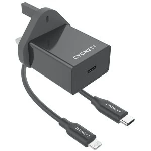 Cygnett CY3101POPLU PowerPlus 18W PD Charger + Lightning to USB-C cable - UK Plug Black