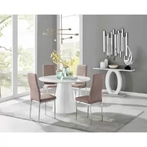 Furniture Box Palma White High Gloss Round Dining Table and 4 Cappuccino Milan Chrome Leg Chairs