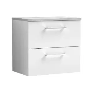 Nuie - Arno Gloss White 600mm Wall Hung 2 Drawer Vanity Unit with Bellato Grey Laminate Worktop - ARN124LBG - Gloss White