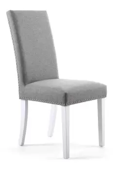 Set Of 2 Silver Grey Studded Linen Dining Chairs With White Wooden Legs