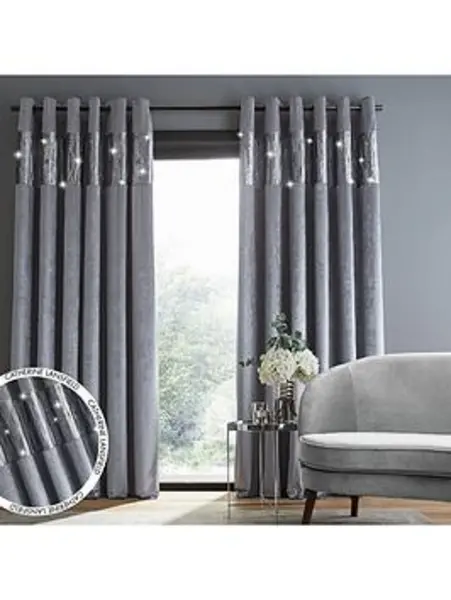 Catherine Lansfield Crushed Velvet Glamour Sequin Fully Lined Eyelet Curtains In Grey Grey TG9WH Unisex 117x229cm(46x90inches)