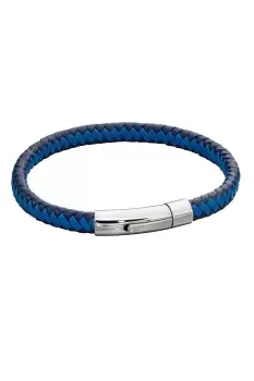 Woven Blue Leather & Stainless Steel Clip Clasp Bracelet