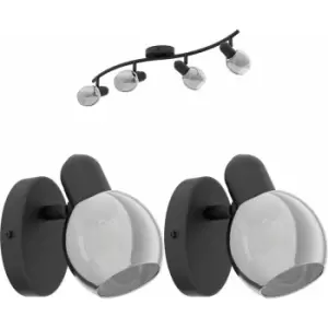 Quad Ceiling Spot Light & 2x Matching Wall Lights Black Vaporized Glass Shade