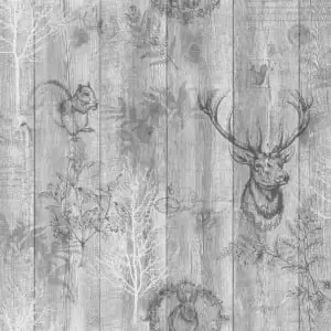 Holden Stag Wood Panel Grey Wallpaper - wilko