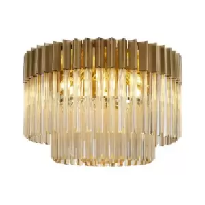 Luminosa Poland Ceiling Lamp Round 7 Light E14, Brass, Cognac Sculpted Glass, Item Weight: 15.3kg