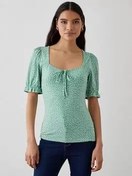 Dorothy Perkins Sweetheart Tie Detail Printed Top - Sage, Green, Size L, Women