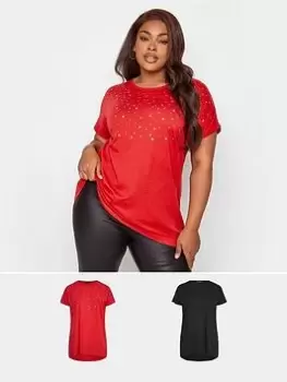 Yours 2 Pack Embellished Tee Black/red, Black, Size 18, Women