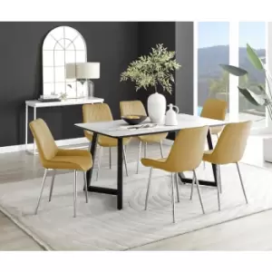 Furniturebox UK - Furniturebox Carson White Marble Effect Rectangular 160cm Dining Table & 6 Mustard Pesaro Silver Velvet Chairs