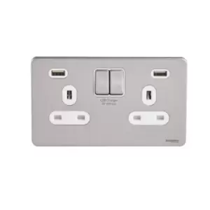 Schneider USFP 2G Switched Socket Double Pole 2x USB 4A White Insert Stainless Steel - GGBGU3424DWSS