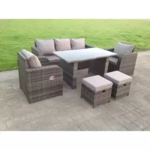 Fimous 5 Seater Outdoor Dark Grey Rattan Lounge Complete Sofa Set with Adjustable Chair, Oblong Rectangular Dining Black Glass Table, and 2 Stools