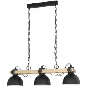 Hanging Ceiling Pendant Light Black & Wood Industrial Shade 3 Bulb Dining Lamp