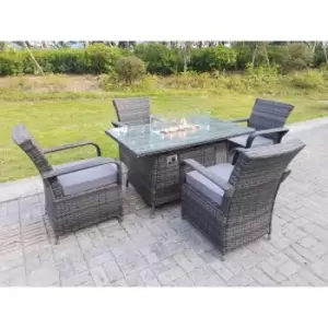 Fimous 4 Seater Outdoor Dark Grey Rattan Lounge Complete Dining Table Set with Gas Fire Pit Round Dining Table and Rectangular Table