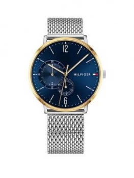 Tommy Hilfiger Blue and Gold Detail Dial Stainless Steel Mesh Strap Mens Watch, One Colour, Men