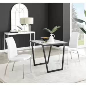 Furniturebox Carson White Marble Effect Square Dining Table & 2 White Isco Faux Leather Chairs