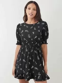 Dorothy Perkins Ditsy Floral Shirred Waist Mini Dress - Black, Size 16, Women