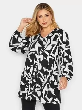 Yours Balloon Sleeve Pleat Front Aop Geo - Black/White, Size 14, Women