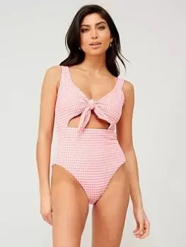 PIECES Pieces Gingham Tie Front Swimsuit - Pink, Size XL, Women