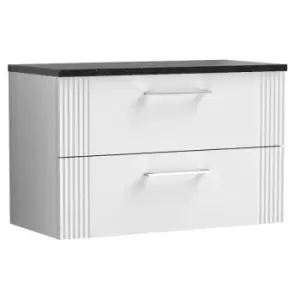 Nuie Deco Satin White 800mm Wall Hung 2 Drawer Vanity Unit with Sparkling Black Laminate Worktop - DPF195LSB - Satin White