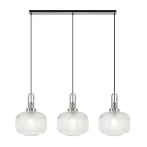 Luminosa Linear 3 Light Pendant E27, Polished Nickel, Matt Black With 30cm Round Ribbed Clear Glass