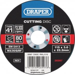 Draper Inox Stainless Steel Metal Cutting Disc 115mm 3mm 22mm