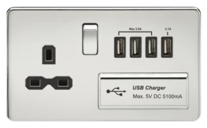 KnightsBridge 13A 2G Screwless Polished Chrome 1G Switched Socket with Quad 5V USB Charger Ports - White Insert