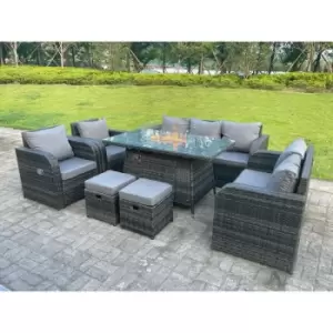 Fimous 7 Seater Outdoor Dark Grey Rattan Lounge Complete Sofa Set with Gas Fire Pit, Reclining Chairs and 2 Stools