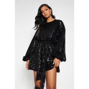 I Saw It First Sequin Balloon Sleeve Tie Wasit Skater Dress - Black