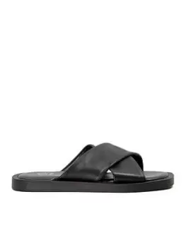 Dune London Leather Licorice Cross Strap Colour Drench Slide - Black Leather, Black, Size 4, Women