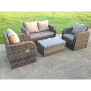 Fimous 4 Seater Outdoor Grey Rattan Lounge Complete Sofa Set with Love Sofa, Reclining Chair, and Rectangular Coffee Table