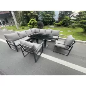 Fimous 9 Seater Outdoor Dark Grey Aluminum Corner Complete Dining Set with Adjustable Rising Lifting Table