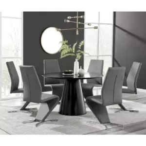 Palma Black Semi Gloss Round Dining Table & 6 Grey Willow Chairs