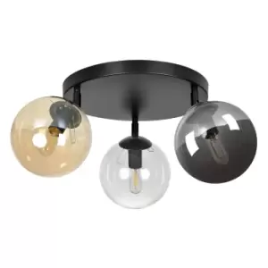 Tofi Black Globe Ceiling Light with Clear, Graphite, Amber Glass Shades, 3x E14