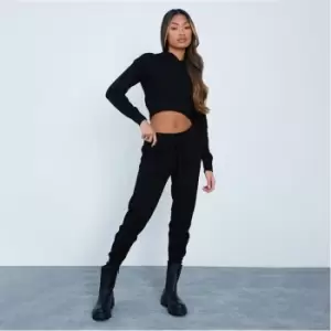 I Saw It First Cropped Knitted Hoodie And Jogger Set - Black