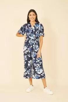 Navy Rose Print Jumpsuit With Angel Sleeves